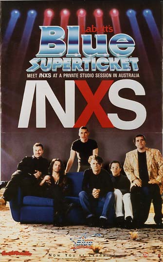 A poster of the inxs in front of a blue wall.
