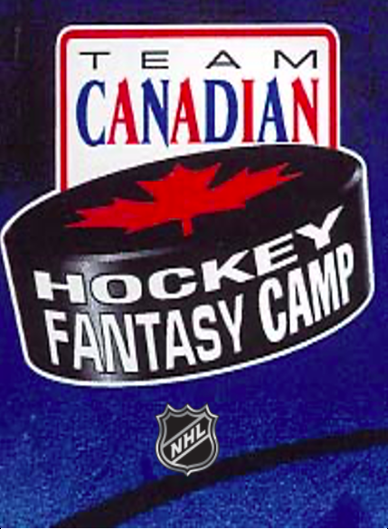 A hockey fantasy camp logo on the side of a blue wall.