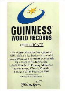 A guinness world records certificate for the largest donation of ice hockey.
